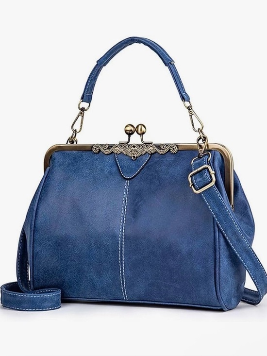 Handbags - Vintage-Inspired Blue Suede Satchel